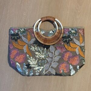 NEW Sequin Embroidered Flower Graphic Bohemian Tote Bag